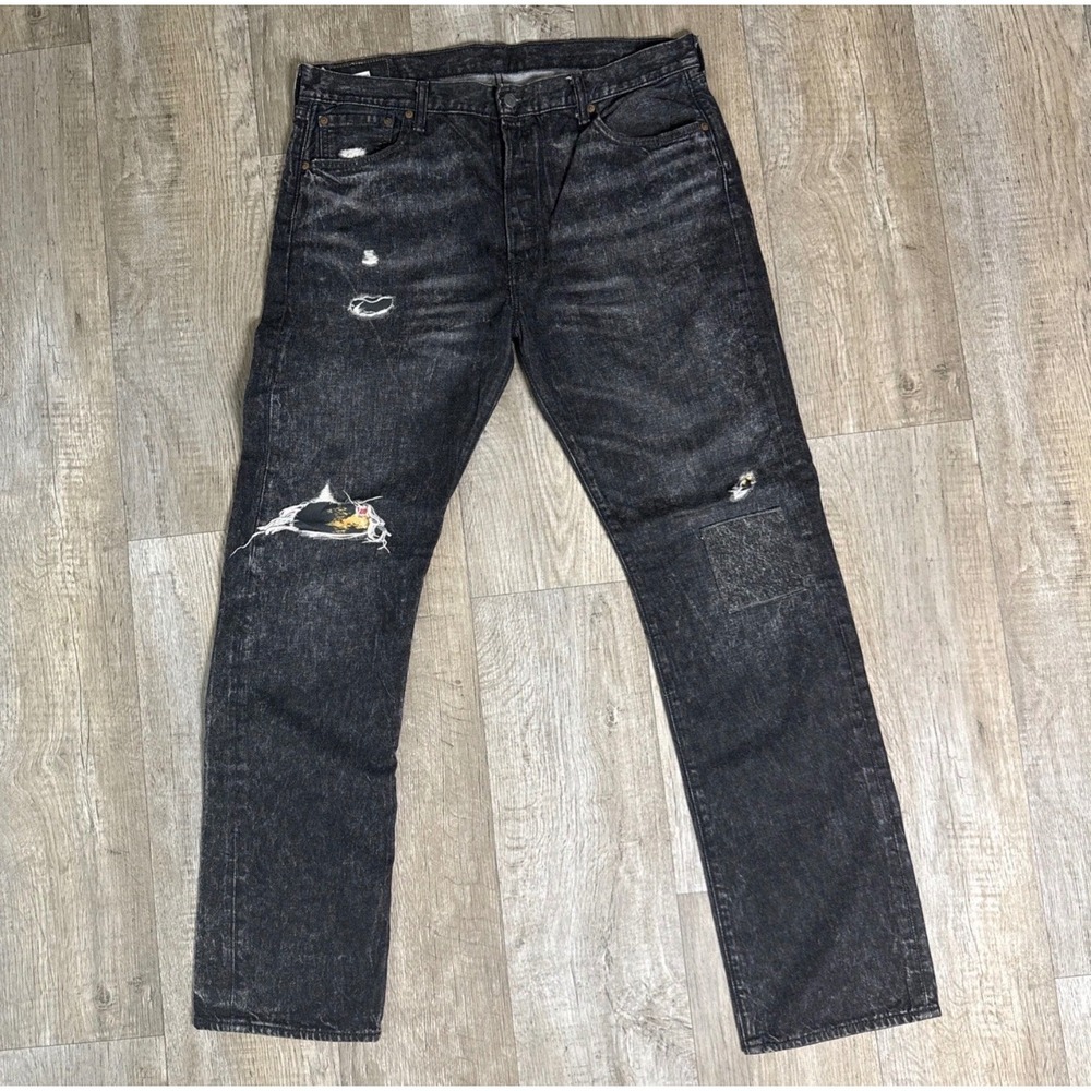 Levis 501 Original Fit Distressed Black Wash Jeans Men 36x34 Button Fly Straight